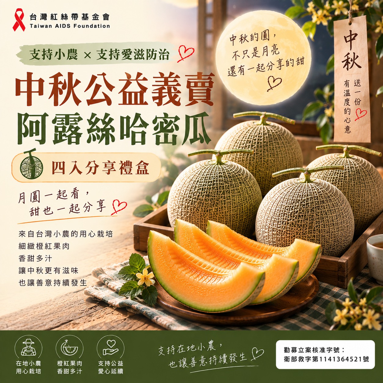 「甜蜜團圓🍈支持小農【中秋公益義賣】阿露斯哈密瓜｜單入四盒分享禮盒｜支持愛滋防治」(標題圖檔)